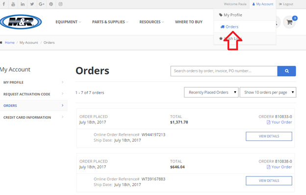 Accessing an invoice within My Account > Orders snapshot image