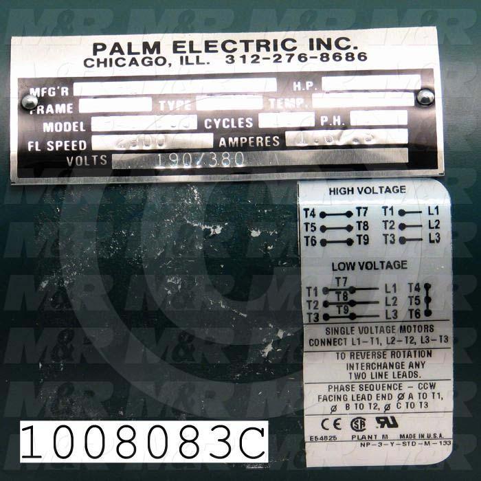 AC Motor, 1/3HP, 2900 RPM, 190/380VAC, 3 Phase, 50Hz