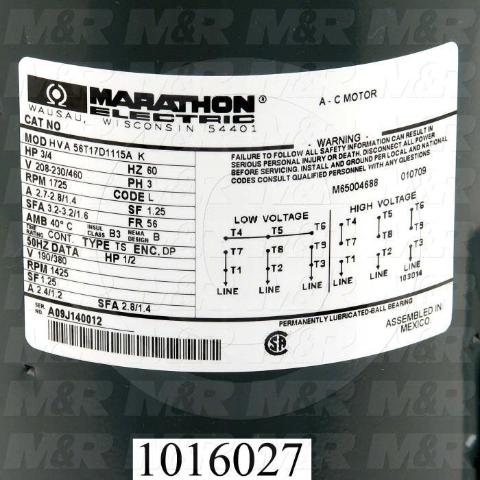 AC Motor, 3/4HP, 208/220/440VAC, 3 Phase, 50/60Hz