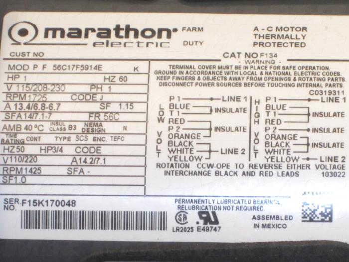 AC Motor, Open Drip Proof, 3/4HP, 56C Frame, 1425/1725 RPM, 115/208-230VAC, 1 Phase, 50/60Hz, With Junction Box, 5/8" Shaft