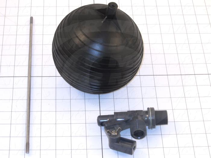 Accessories, Pvc Float Valve, 3/4 in. Size, 34 GPM Flow Rate, Wall Mount with Polyethylene Float, 12" Long Rod, 6" Float Diameter, Max 90 PSI
