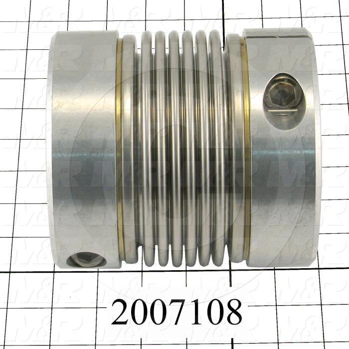 Bellows Coupling, 2.00" Hub # 1 Bore, 70 mm Hub # 2 Bore, Keyway / Clamp, 5.63" Overall Length, 5.24" Bellow Diameter, Stainless Steel Bellows  Material, Aluminum Hub