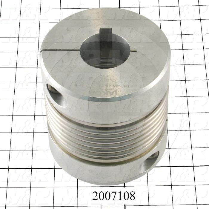 Bellows Coupling, 2.00" Hub # 1 Bore, 70 mm Hub # 2 Bore, Keyway / Clamp, 5.63" Overall Length, 5.24" Bellow Diameter, Stainless Steel Bellows  Material, Aluminum Hub