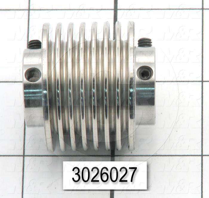 Bellows Coupling, 3/8" Hub # 1 Bore, 0.75" Hub # 1 Outer Diameter, 3/8" Hub # 2 Bore, Set Screw, 1.51" Overall Length, 1,51" Bellow Diameter, Steel Bellows  Material