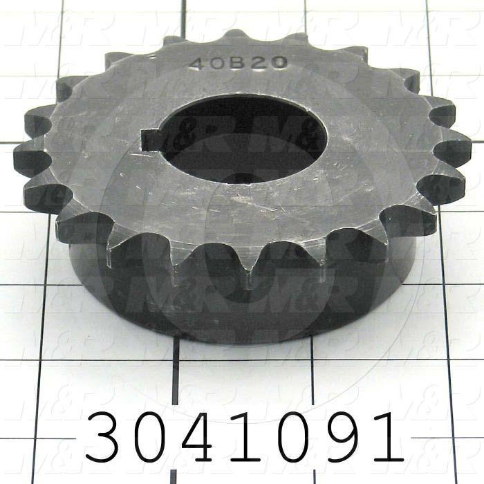 Chain Sprocket, ANSI 40, B Sprocket Type, 1.25" Bore Size, 20 Teeth, Single Strand, 3.460" Outside Diameter, 1.56" Hub Diameter, 1.00" Overall Length, Steel Material