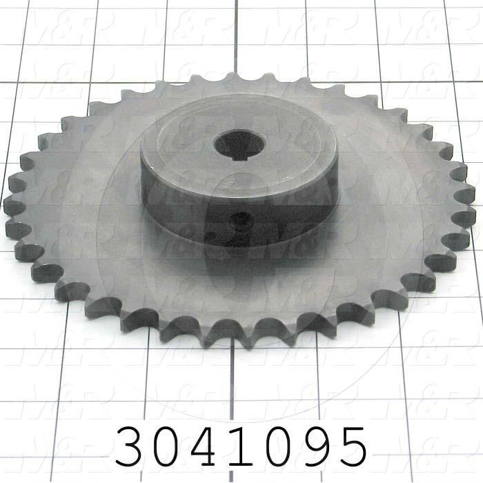 Chain Sprocket, ANSI 40, B Sprocket Type, Cylindrical with Keyset, 0.63 in. Bore Size, 36 Teeth, 6.020" Outside Diameter, 1 in. Overall Length, Steel Material, With 2 Setscrews