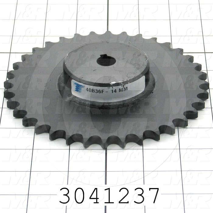 Chain Sprocket, ANSI 40, B Sprocket Type, Cylindrical with Keyway, 14 mm Bore Size, 5 mm Keyway Size, 36 Teeth, Single Strand, Steel Material