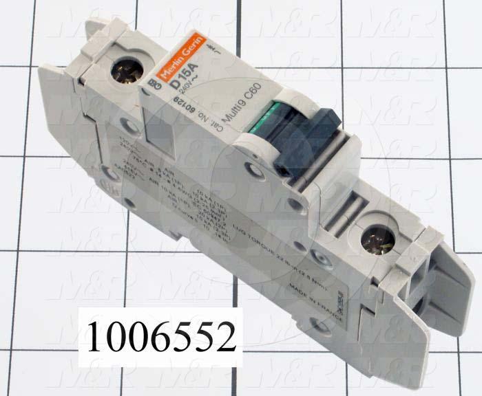 Circuit Breaker, 1 Pole, 15A, 240VAC, D Curve, UL 489 Listed