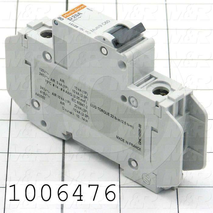 Circuit Breaker, 1 Pole, 25A, 240VAC, C Curve, UL 489 Listed