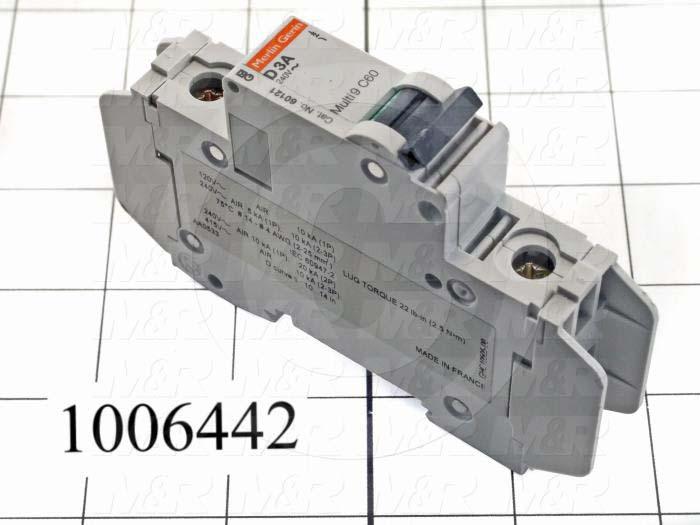 Circuit Breaker, 1 Pole, 3A, 240VAC, D Curve, UL 489 Listed