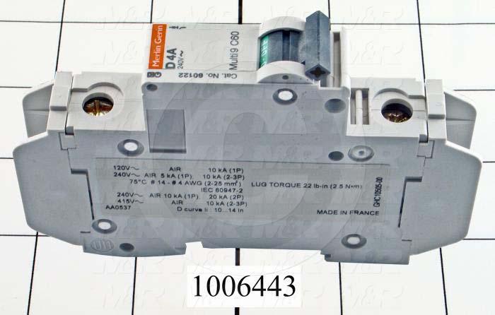 Circuit Breaker, 1 Pole, 4A, 240VAC, D Curve, UL 489 Listed