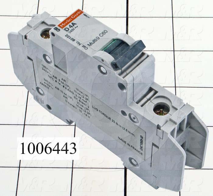 Circuit Breaker, 1 Pole, 4A, 240VAC, D Curve, UL 489 Listed