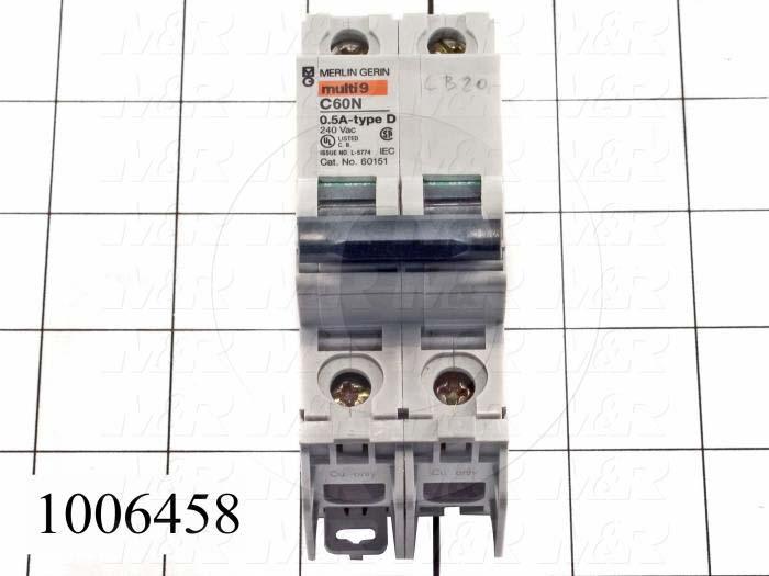 Circuit Breaker, 2 Poles, 0.5A, 240VAC, D Curve, UL 489 Listed