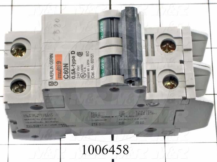 Circuit Breaker, 2 Poles, 0.5A, 240VAC, D Curve, UL 489 Listed