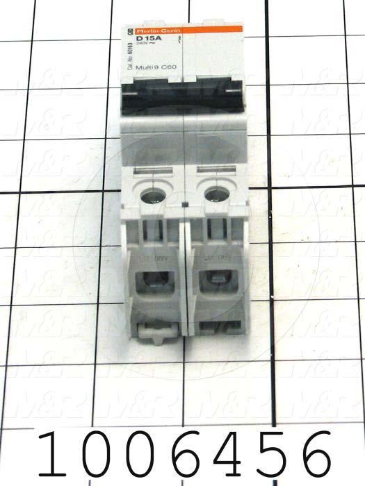 Circuit Breaker, 2 Poles, 15A, 240VAC, D Curve, UL 489 Listed