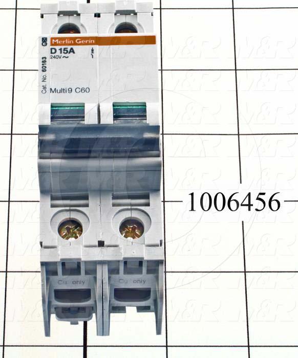 Circuit Breaker, 2 Poles, 15A, 240VAC, D Curve, UL 489 Listed