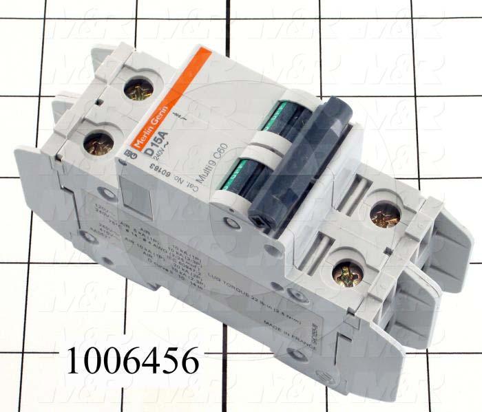 Circuit Breaker, 2 Poles, 15A, 240VAC, D Curve, UL 489 Listed
