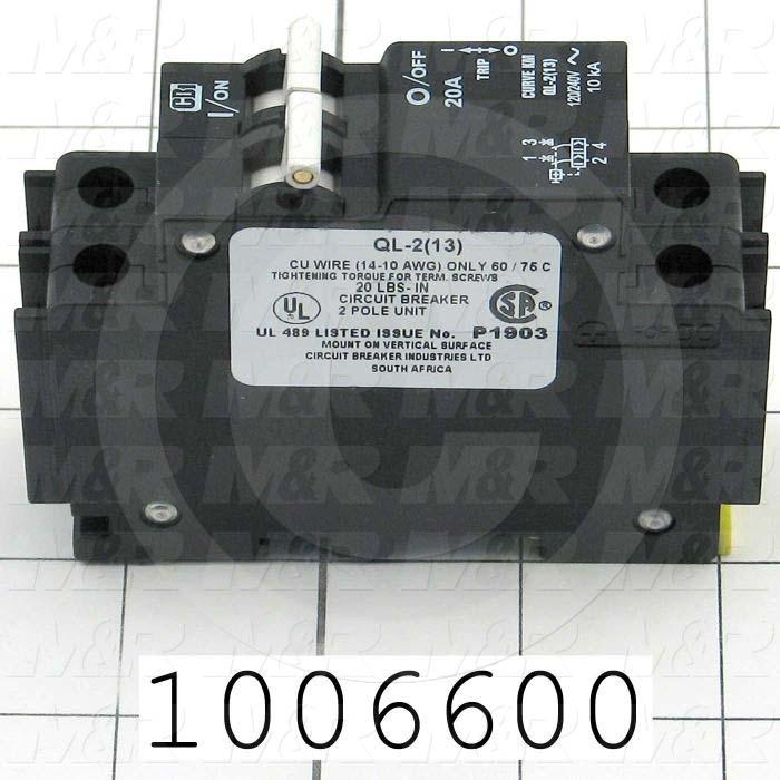 Circuit Breaker, 2 Poles, 20A, 240VAC, D Curve, UL 489 Listed