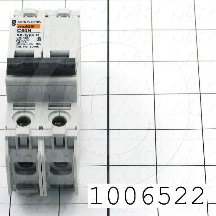 Circuit Breaker, 2 Poles, 8A, 240VAC, D Curve, UL 489 Listed