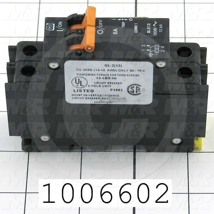 Circuit Breaker, 2 Poles, 8A, 240VAC, D Curve, UL 489 Listed