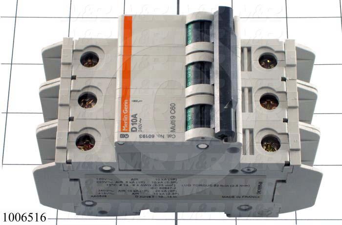 Circuit Breaker, 3 Poles, 10A, 240VAC, D Curve, UL 489 Listed