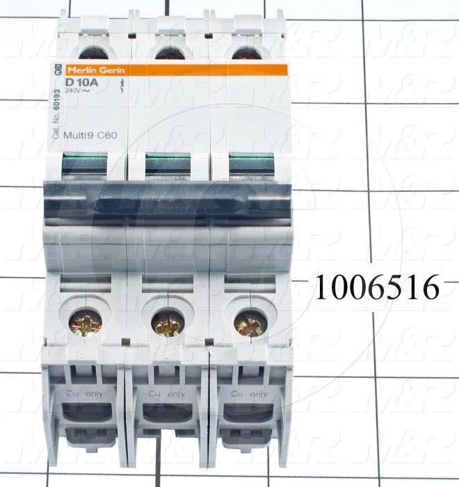 Circuit Breaker, 3 Poles, 10A, 240VAC, D Curve, UL 489 Listed