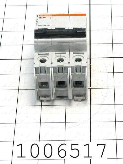 Circuit Breaker, 3 Poles, 13A, 240VAC, D Curve, UL 489 Listed