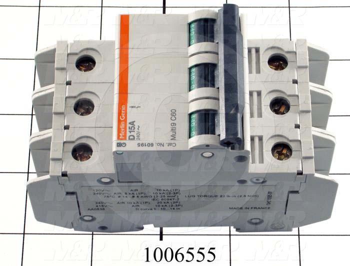Circuit Breaker, 3 Poles, 15A, 240VAC, D Curve, UL 489 Listed
