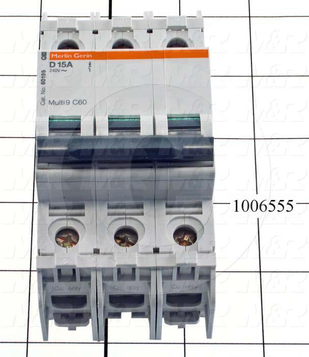 Circuit Breaker, 3 Poles, 15A, 240VAC, D Curve, UL 489 Listed