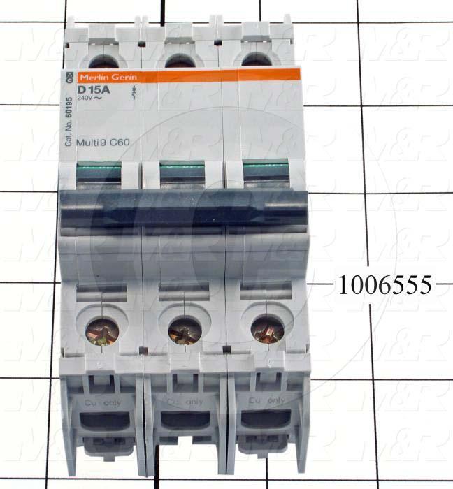 Circuit Breaker, 3 Poles, 15A, 240VAC, D Curve, UL 489 Listed