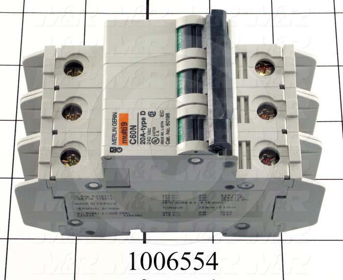 Circuit Breaker, 3 Poles, 20A, 240VAC, D Curve, UL 489 Listed
