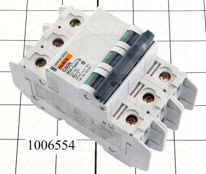 Circuit Breaker, 3 Poles, 20A, 240VAC, D Curve, UL 489 Listed