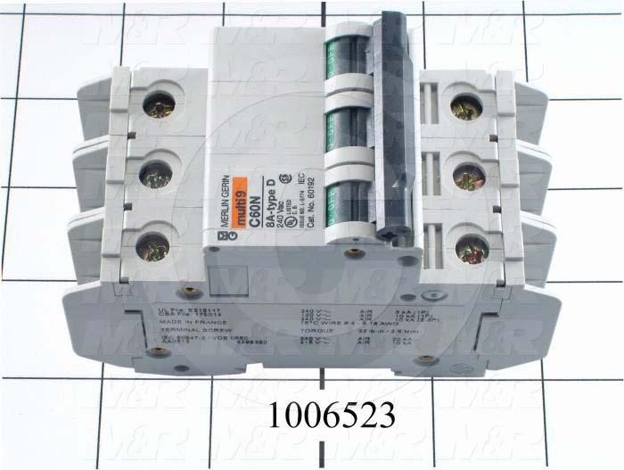 Circuit Breaker, 3 Poles, 8A, 240VAC, D Curve, UL 489 Listed