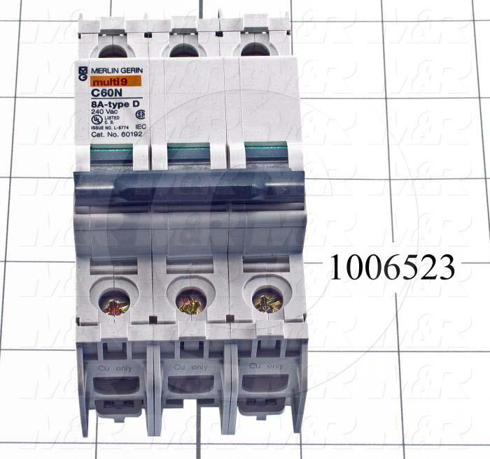 Circuit Breaker, 3 Poles, 8A, 240VAC, D Curve, UL 489 Listed