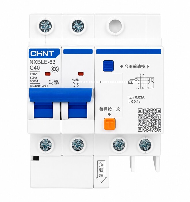 Circuit Breaker, Residual Current Operated, 2 Poles, 40A, C Curve