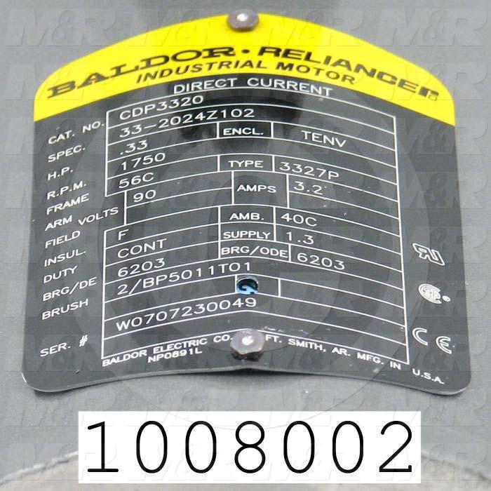DC Motor, 1/3HP, 56C Frame, 1725 RPM, 90VDC, 3.2A