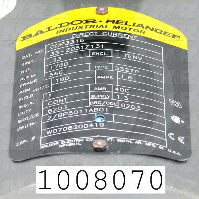 DC Motor, 1/3HP, 56C Frame, 1750 RPM, 180VDC, 1.6A