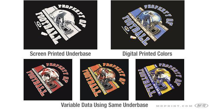 With some creative planning, a common screen-printed white underbase can be used with varying digital print data to produce completely different images in the same print run.