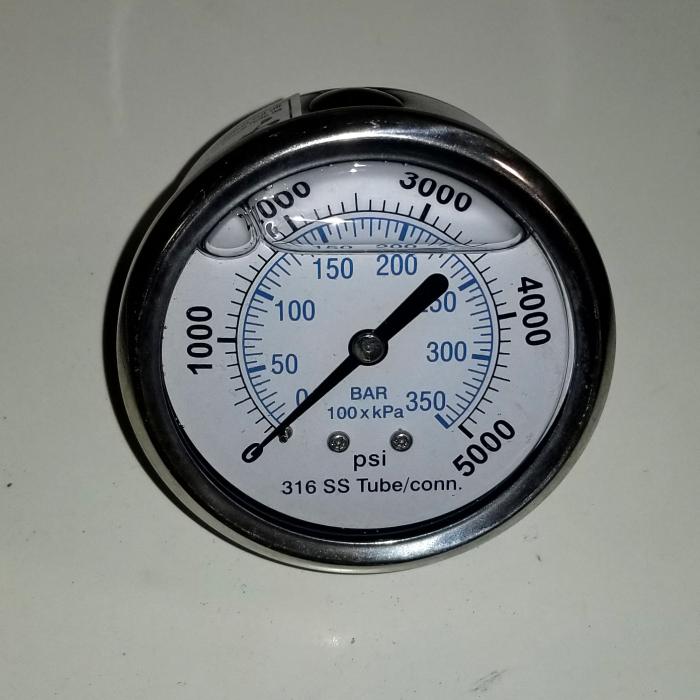 Gauge, 2 1/2" Outside Diameter, Back Side Thread Mounting, 5000 Psi Max. Pressure, 1/4" NPT Thread Size, Liquid Filled