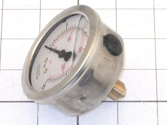 Gauge, 63 mm Outside Diameter, Back Side Thread Mounting, 300 Psi Max. Pressure, 1/4 BSPP Thread Size, Liquid Filled