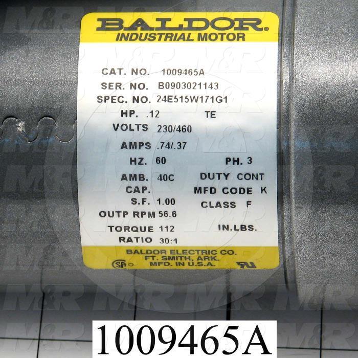 Gearmotors, Type Parallel Shaft, Type of Gears Helical, Ratio 30:1, Output Type Output Shaft (Single), Output Diameter 1/2", Output Rpm 56 rpm, Mounting Type Face mounted, Motor HP 1/12 hp