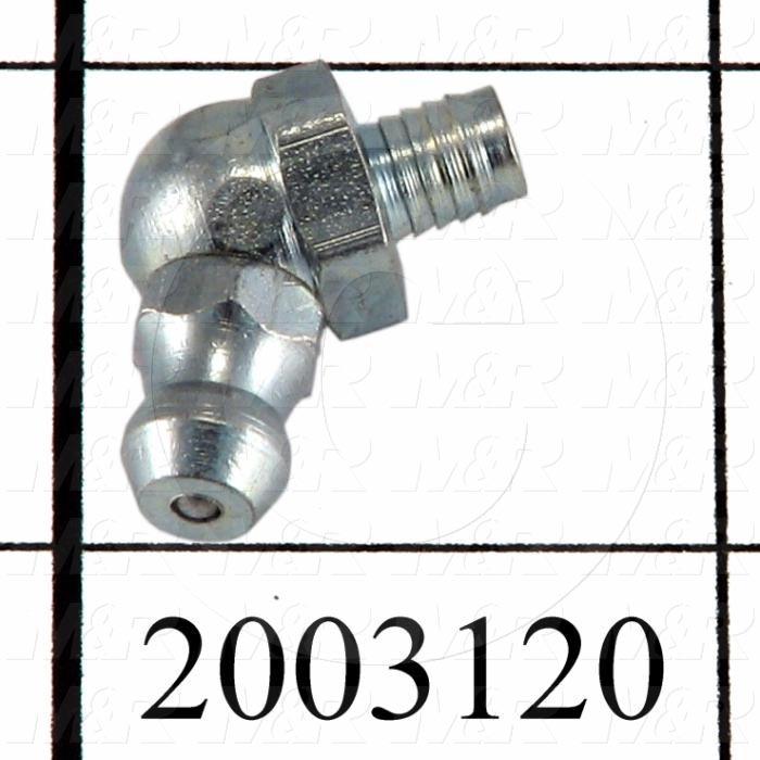 Grease Fittings, Angle 65 deg Style, Zinc Plated Steel Material, 3/16" Drive Type Hole