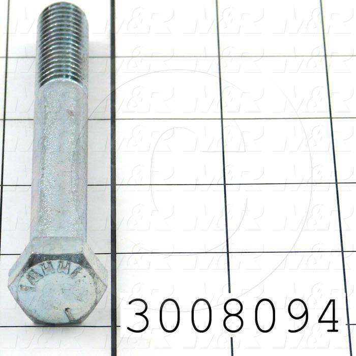 Machine Screws, Hex Head, Steel, Grade Class 5, Thread Size 1/2-13, Screw Length 4 in., Partial Thread Length, Right Hand, Zinc