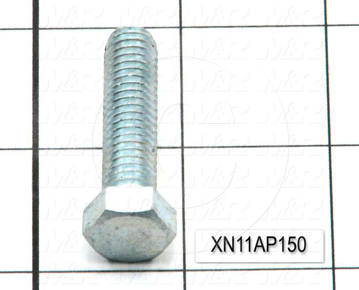 Machine Screws, Hex Head, Steel, Thread Size 3/8-16, Screw Length 1 1/2 in., 1.50 in. Thread Length, Right Hand, Zinc Plated