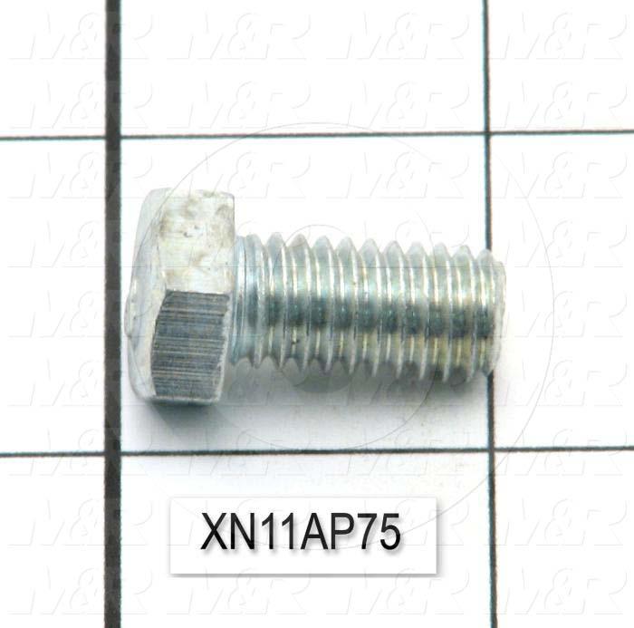 Machine Screws, Hex Head, Steel, Thread Size 3/8-16, Screw Length 3/4", 0.75" Thread Length, Right Hand, Zinc Plated