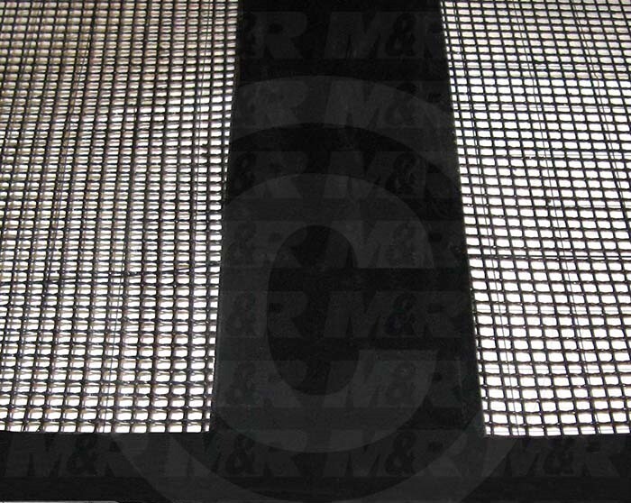 Mesh Conveyor Belt, Fiberglass, Black, With Flap, 31.5 in. Width, 830 in. Length, T-Shaped Tapered 1/4" Tracking Guide, Left Guide