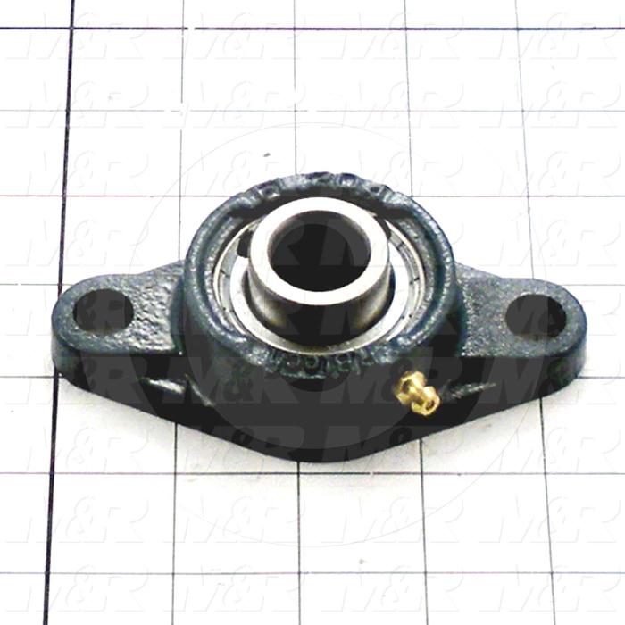 Mounted Bearing Units, Ball, Two-Bolt Flange Housing Type, 0.75 in. Inside Diameter, 15/32" Mounting Holes, 4.44 in. Overall Length, 1.94" Height, 2.38 in. Width