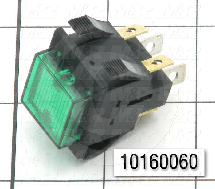 Pushbutton Switch, Alternating, Square, Green, DPST, Neon, 125V