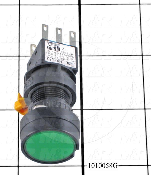 Pushbutton Switch, Momentary, Oversize Round, Green, SPDT, LED, 24VDC