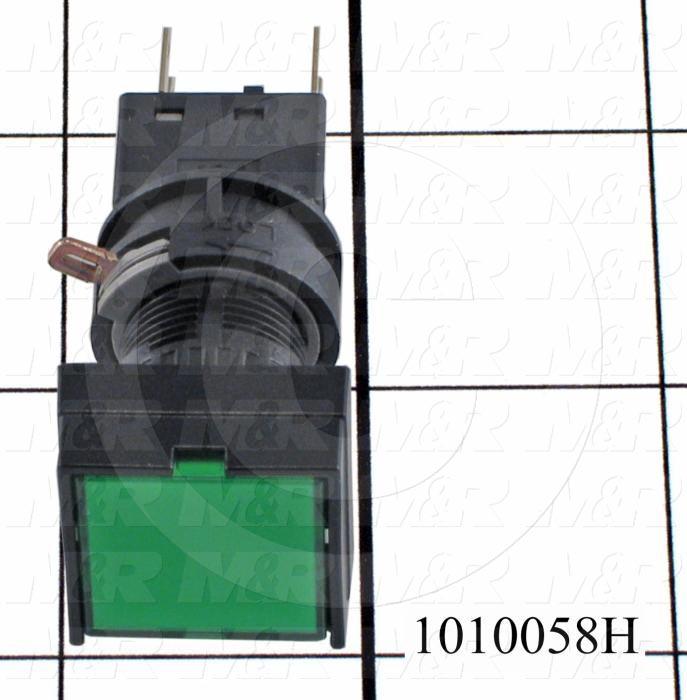 Pushbutton Switch, Momentary, Oversize Square, 16mm, Green, SPDT, LED, 24VDC